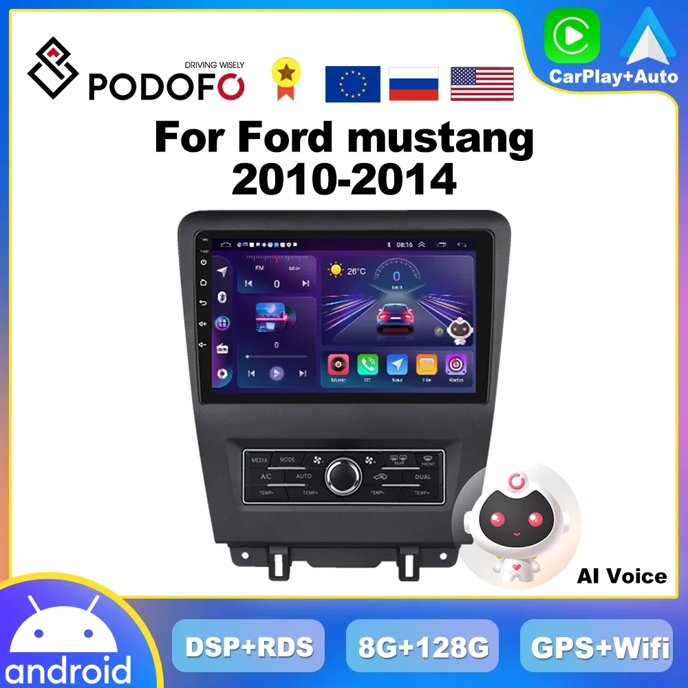 Podofo Carplay Android Car Radio For Ford mustang 2010-2014 Multimidia Video Player GPS Navigation 2din Auto Stereo No DVD