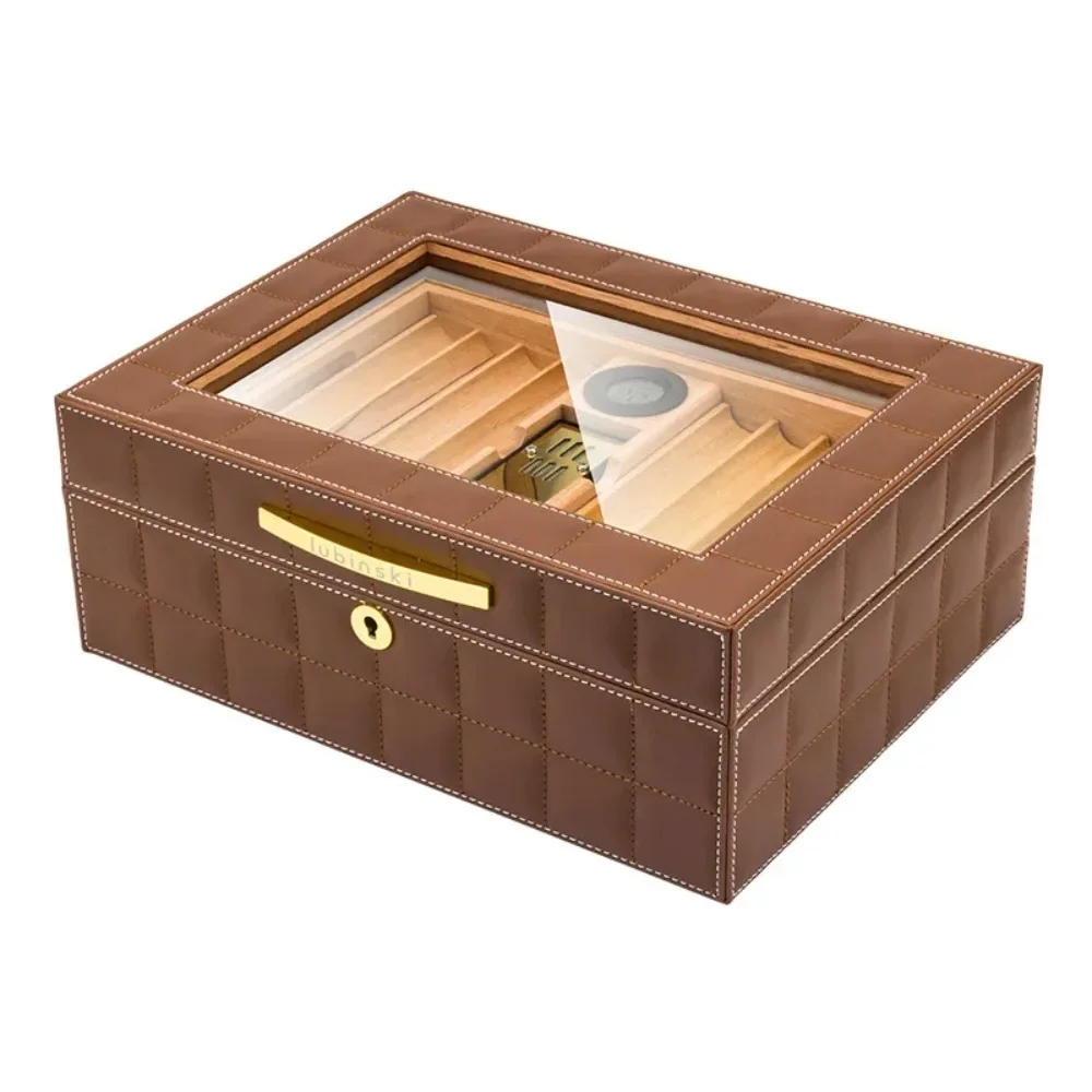 Cedar Wood Cigar Humidor Case Leather Cigar Humidor Box Portable Cigar Box Cabinet Large Capacity 2 Layers Hygrometer Humidifier