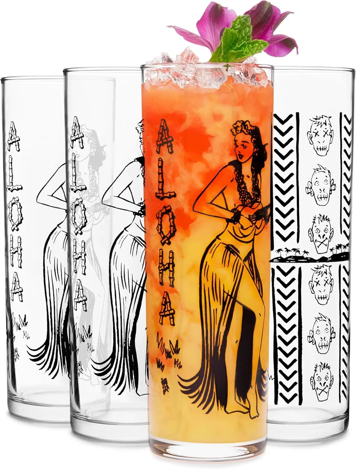 

Zombie Clear Glass Tumbler Set, Vintage-Style Tiki Drinking Glasses Set of 4, Exotic, Tall Drinking Glass Cups for Backya