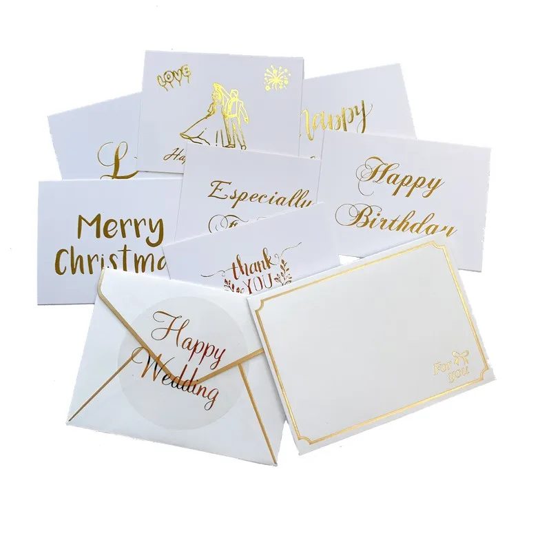 10set Greeting Card Bronzing Thank You Birthday Wedding Special You Love Happy New Year Blessing Message  Invitation Envelope