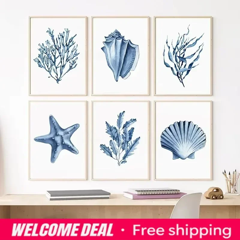 Coral Seaweed Starfish Shell Conch Navy Blue Posters Prints Wall Art Canvas Painting Pictures For Living Room Decor