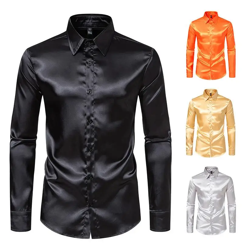 

Men's Satin Longsved irt Nightclub Sle Slim Fit Thiened Long Sve Square Collar Pure Color Autumn Faion Menswear