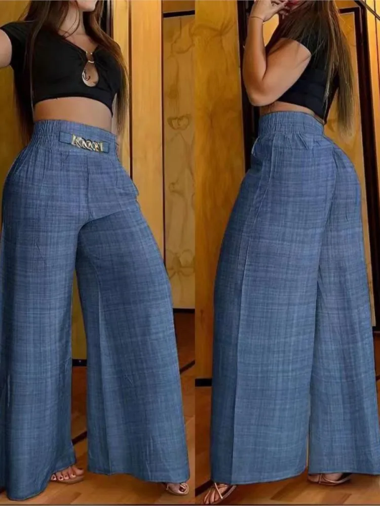 Elegant Wide Leg Fashion Office Trousers Casual Crisscross Sheer Mesh Patch High Waist Women's Flared Pants Y2k Streetwears