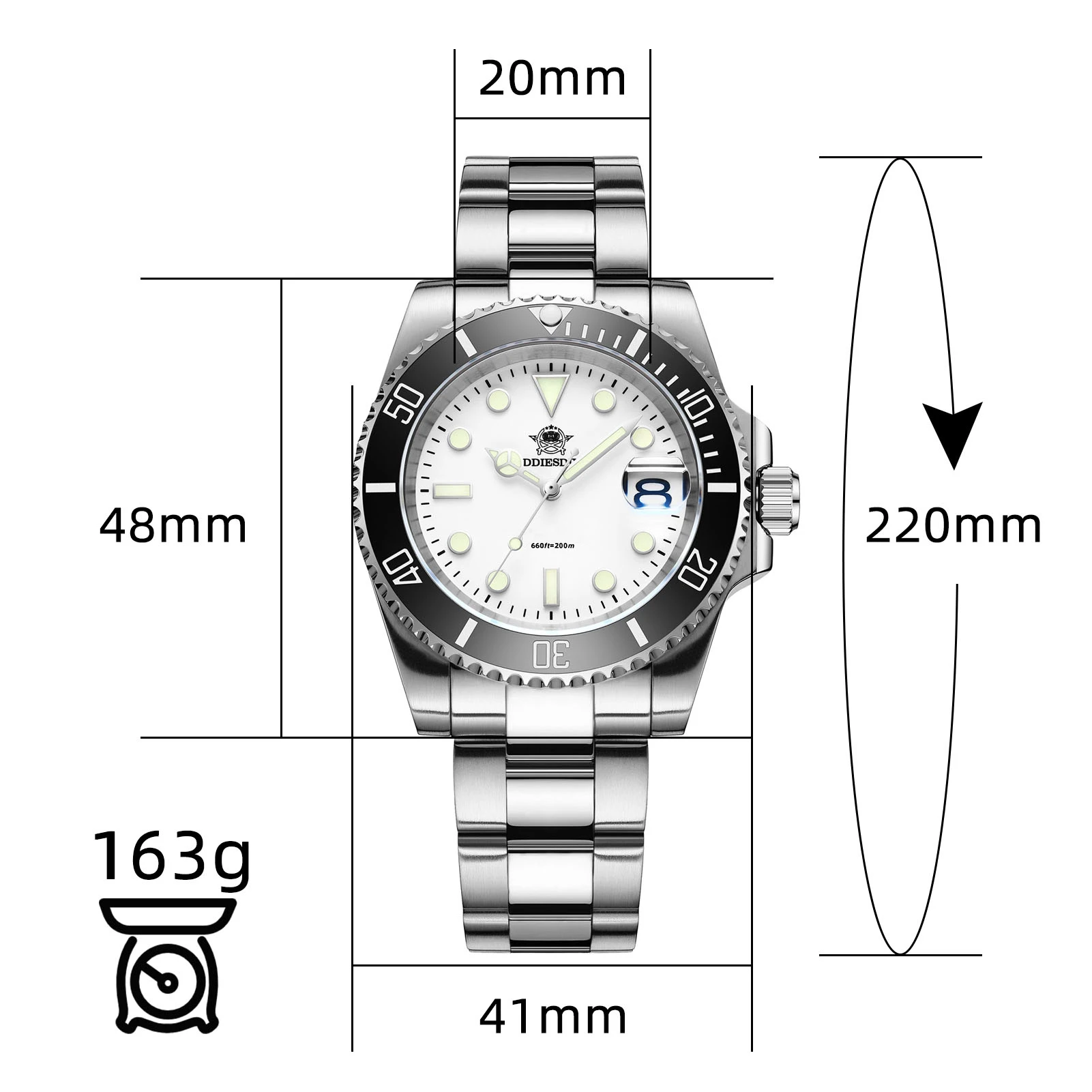 ADDIESDIVE Waterproof Quartz Watch for Men Stainless Steel Luminous Diving Wristwatch Calendar Analog Watch Silver reloj hombre