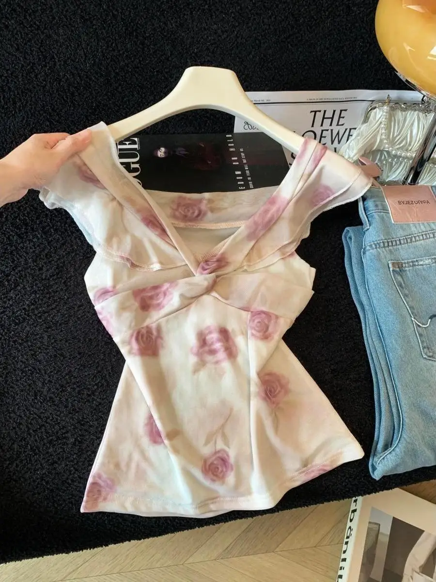 Korean Style V-Neck Knot Rose Print Chiffon T-Shirt Women's Summer Slimming Off-Shoulder Belted Slim Fit Top City Walk