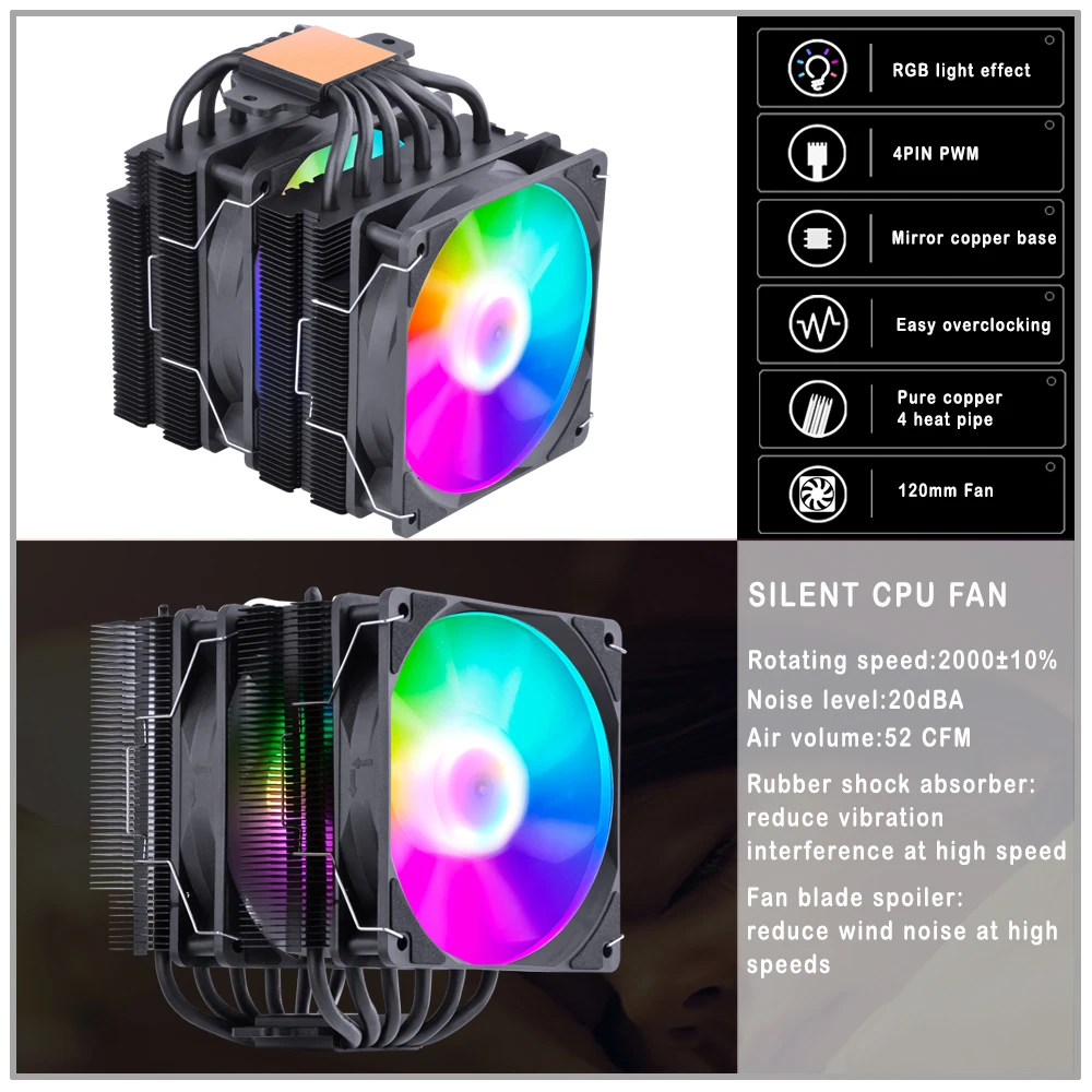 IWONGGOU-CPU Cooler com 6 Heatpipes, TDP, 240W, Ventilador RGB, Processador X99 Xeon, Intel LGA 1700, 2011, 1200, 1150, X79, AM3, Am4