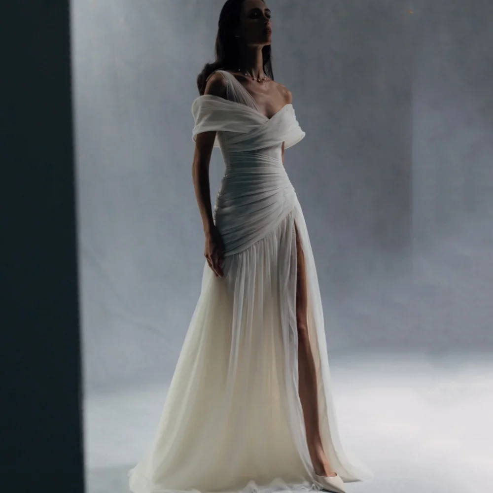 

Вечерние платья по индивидуальному заказу, платья для выпускного вечера с открытыми плечами и высоким разрезом, простое вечернее платье из тюля, Новое поступление 2025 года فساتين سهرة