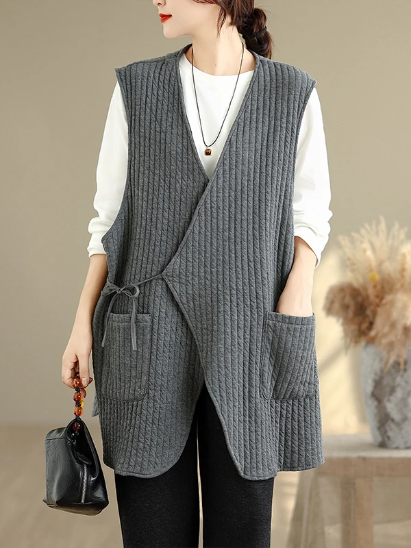 Retro Lightweight Cotton Vest Chinese Style Women's Fashion V-Neck Belted Quilted Jacket Asymmetrical Open Cardigan Top