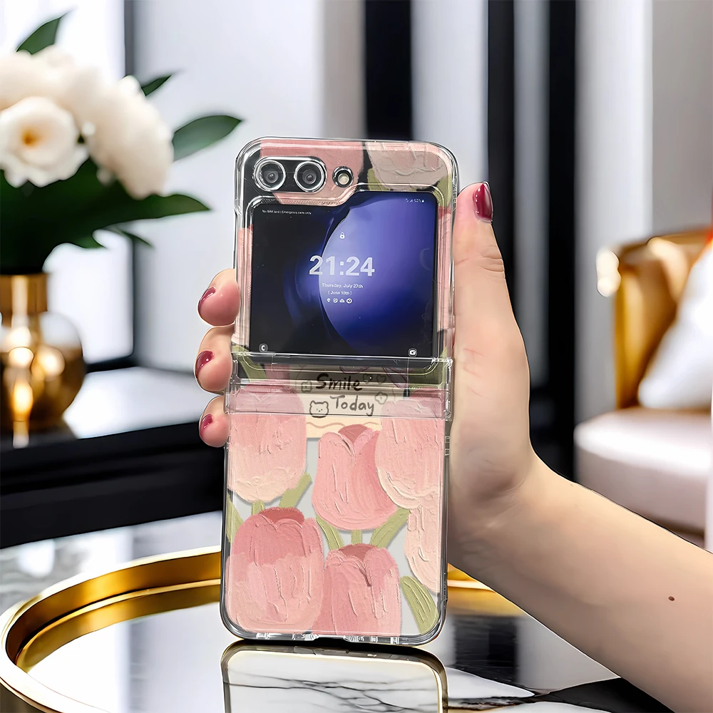 Z 4 Flip Tulip Flower Case For Samsung Galaxy Z Flip 5 4 3 Phone Cover FlipZ3 FlipZ4 FlipZ5 Covers Flip5 Flip4 Flip3 Rear Shell