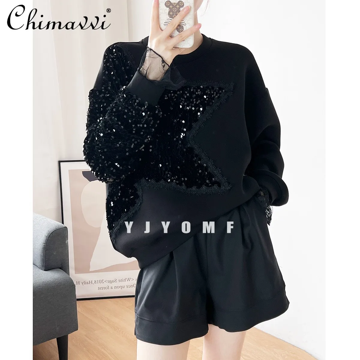 Fashion Sequins Memory Cotton Sweatshirt Womens Autumn Winter New Loose Air Cotton Hoodies Long Sleeve Pullover Black Casual Top