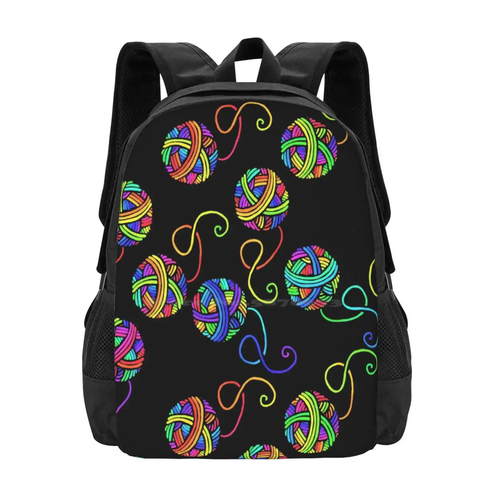 

A Ball Of Rainbow (On Black) Hot Sale Schoolbag Backpack Fashion Bags Ball Of Yarn Rainbow Colours Rainbow Colors Rainbowy