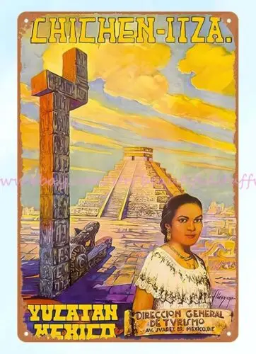 old signs vintage repro Mexico travel poster Yucatan Chichen-Itza metal tin sign