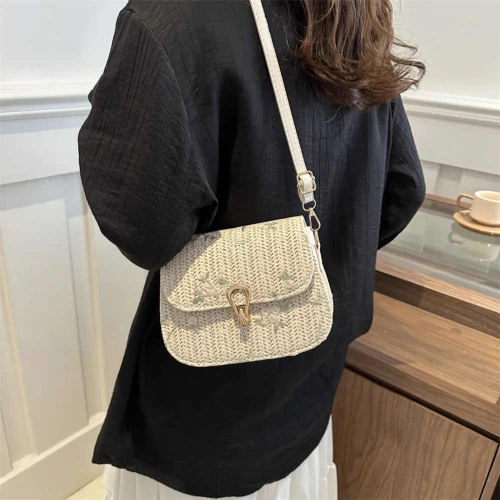 

Mental PU Weave Crossbody Bag Embroidery White Hasp Straw Bag Handmade Soft Flower Pattern Handbag Daily