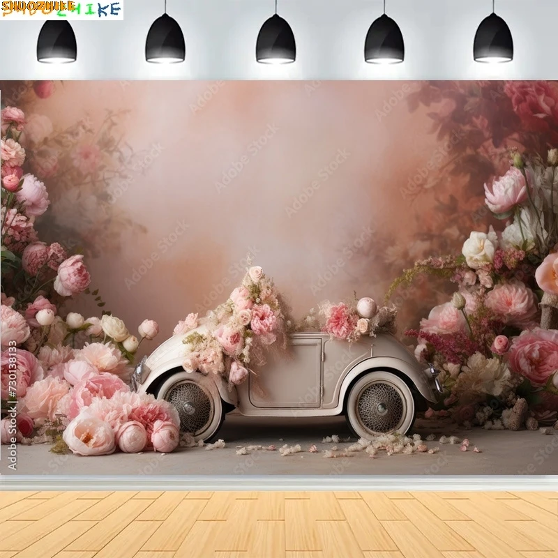 

Vintage Elegance Pink Truck Flowers And Easter Eggs Photography Backdrops Happy Valentine's Day Photo Studio Background CZ-01