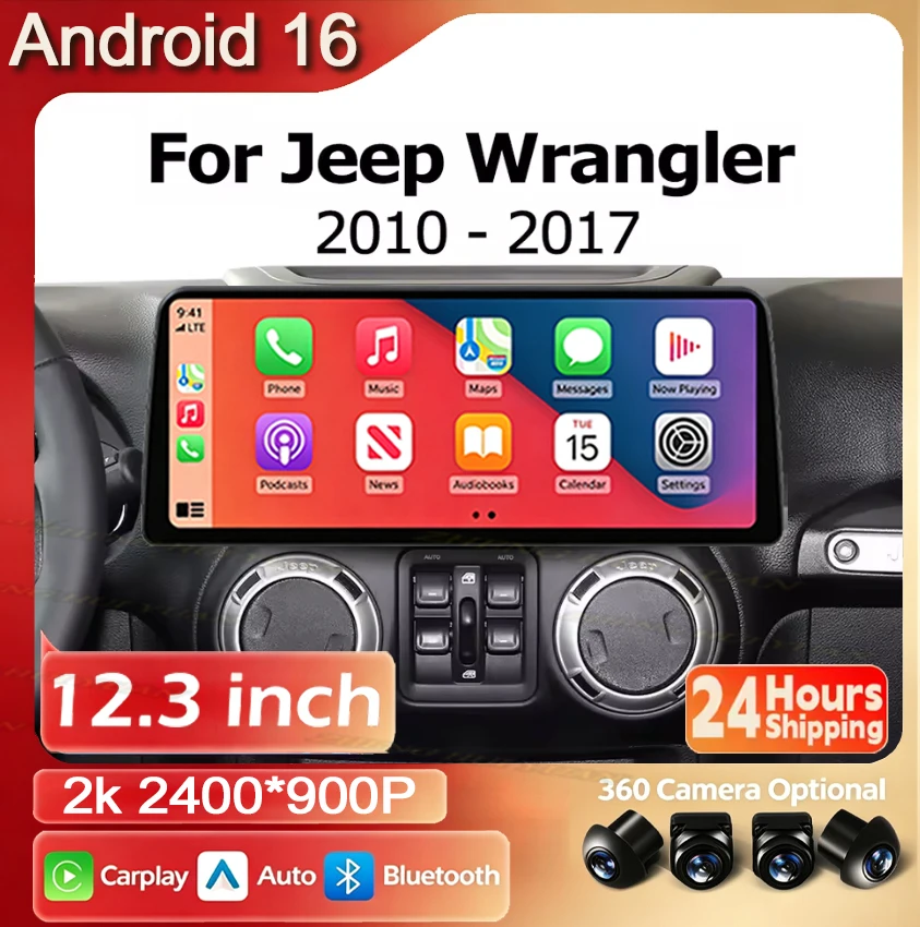 Android 16 2400 900P 12.3 inch For Jeep Wrangler 3 JK 2010-2017 Car Radio Lntelligent Multimedia Touch Screen Auto Carplay WIFI