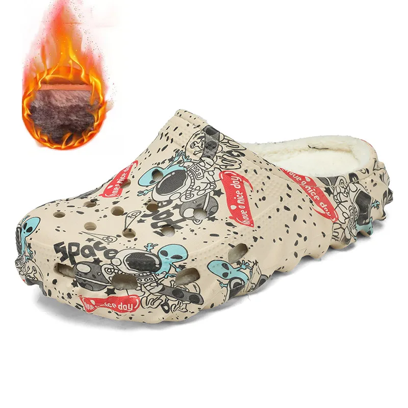 Mens Winter Indoor Keep Warm Fur Slippers With Plush Home Shoes House Printed Clogs Rubber Half Shoes Slip-On Backless Sandals