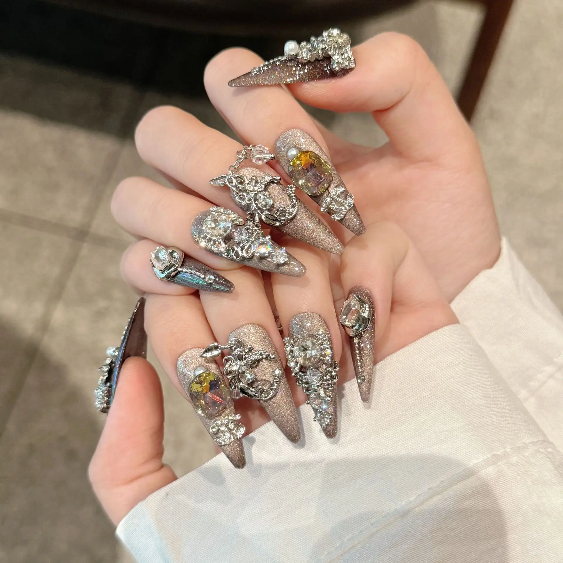 10 peças estrela cheia de luxo imprensa em unhas artesanal sob medida e elegante cheio de diamantes longo lágrima remendos de unhas falsas removíveis