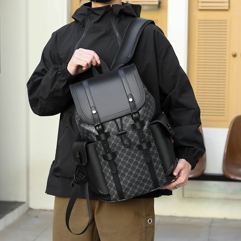 Stylish Plaid Laptop Backpack: Premium Leather Commuter Bag, Large Capacity Unisex Business Travel Bag | Celebrity Inspired