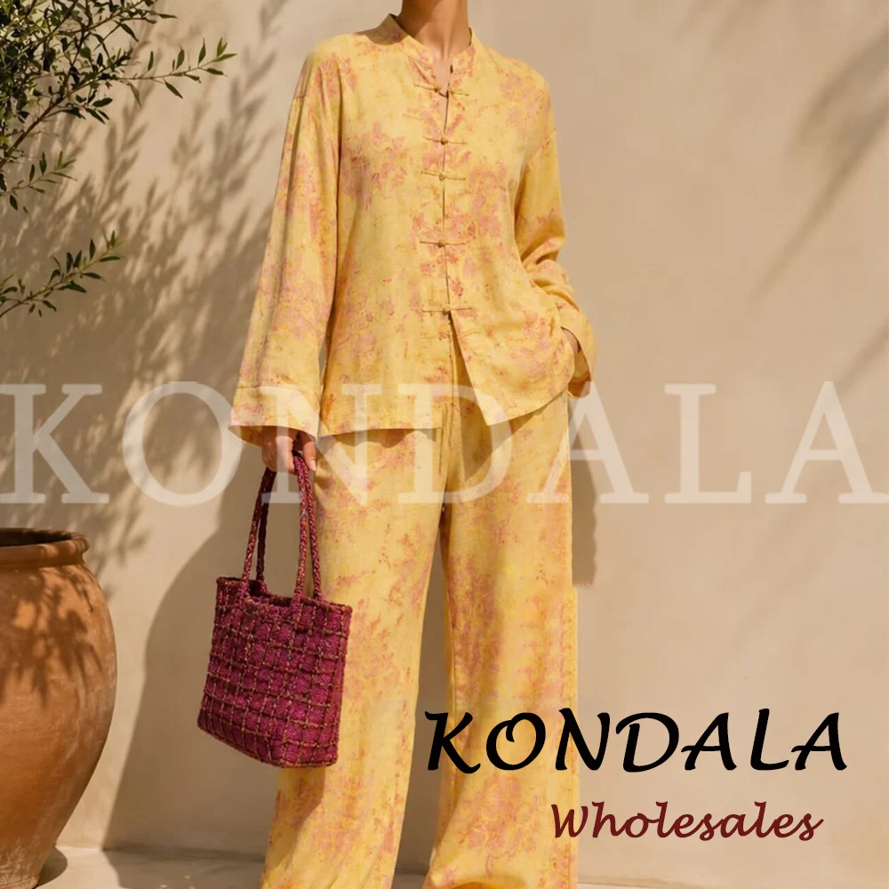 KONDALA Fashion 2026 Yellow Autumn Print Woman Suits Vintage Loose Shirt+ Wide Leg Pockets Long Pants Casual Chic Female Suit