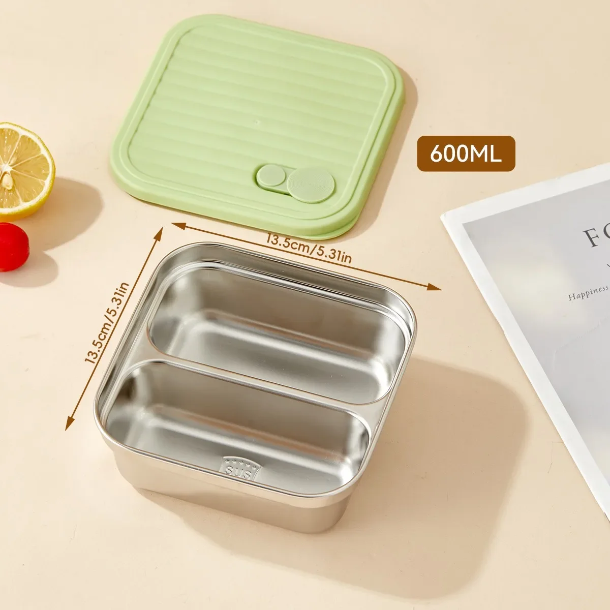 304 roestvrijstalen lunchbox, geschikt voor gebruik in de magnetron, bentobox, voor volwassenen en kinderen, stapelbaar, lekvrij, voedselbewaarbox met vakken en band.