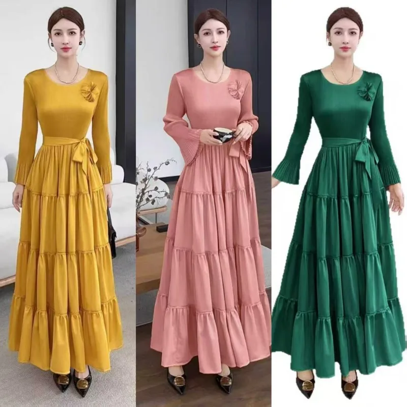 

Плиссированное платье Miyake 2025, свободные модные платья больших размеров, женские высококачественные однотонные пуловеры с длинными рукавами и круглым вырезом, длинная юбка