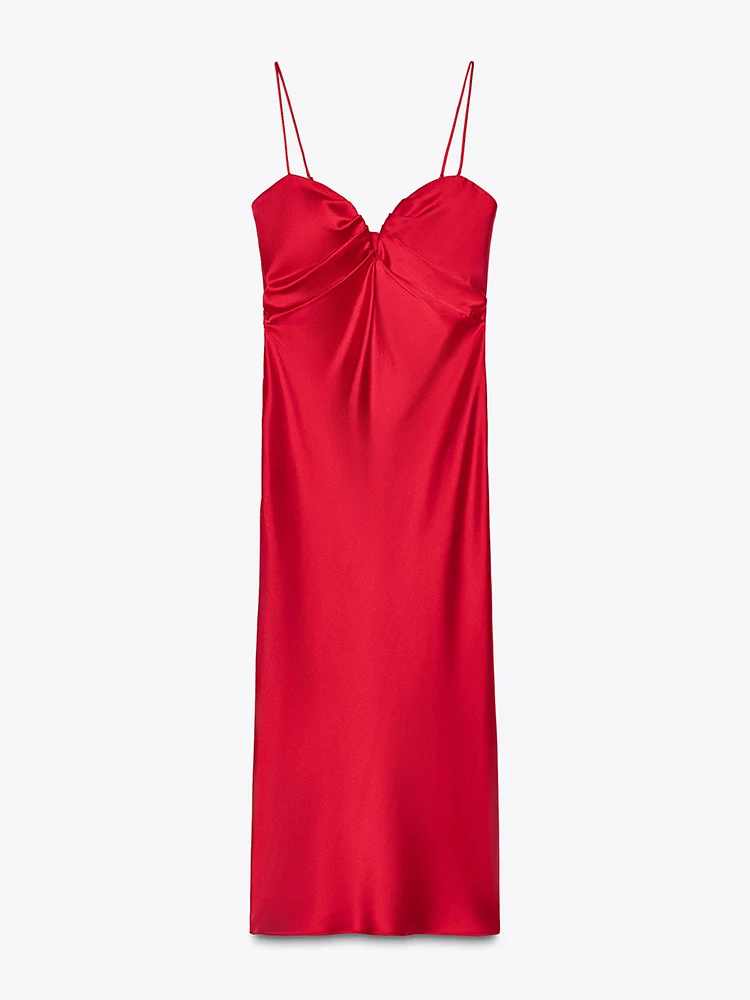 Spring New Arrival Women's Sexy Strap Heart Collar Silk Satin Midi Dr Long Skirt Sle No Sve  Color Commute Sle