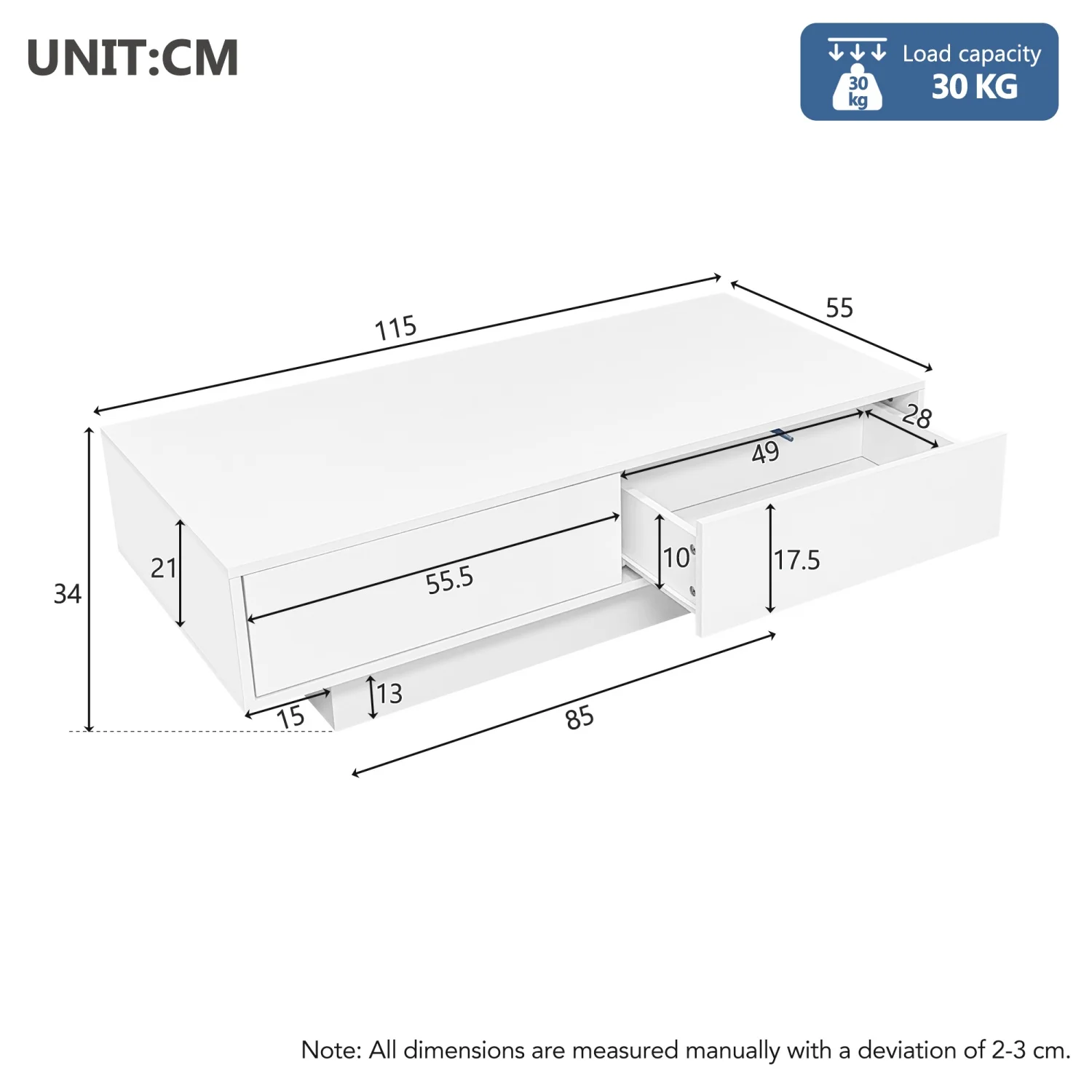 طاولة قهوة حديثة شديدة اللمعان مع درجين وإضاءة LED وطاولة غرفة معيشة أنيقة بسعة تحميل 30 كجم، 115 × 55 × 34 سم