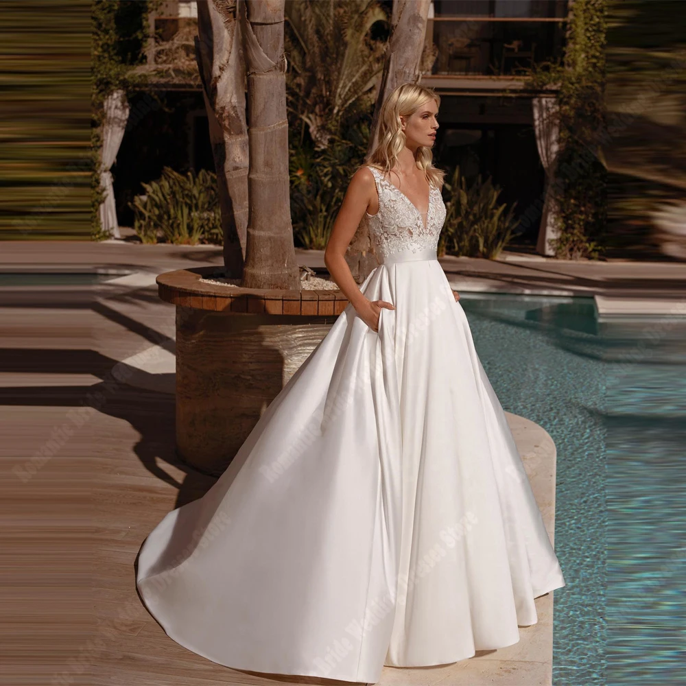 

2025 Fascinating Deep V-Neck Wedding Dresses Sexy Backless A-Line Prom Gowns Mopping Length Princess Party Vestidos De Novias
