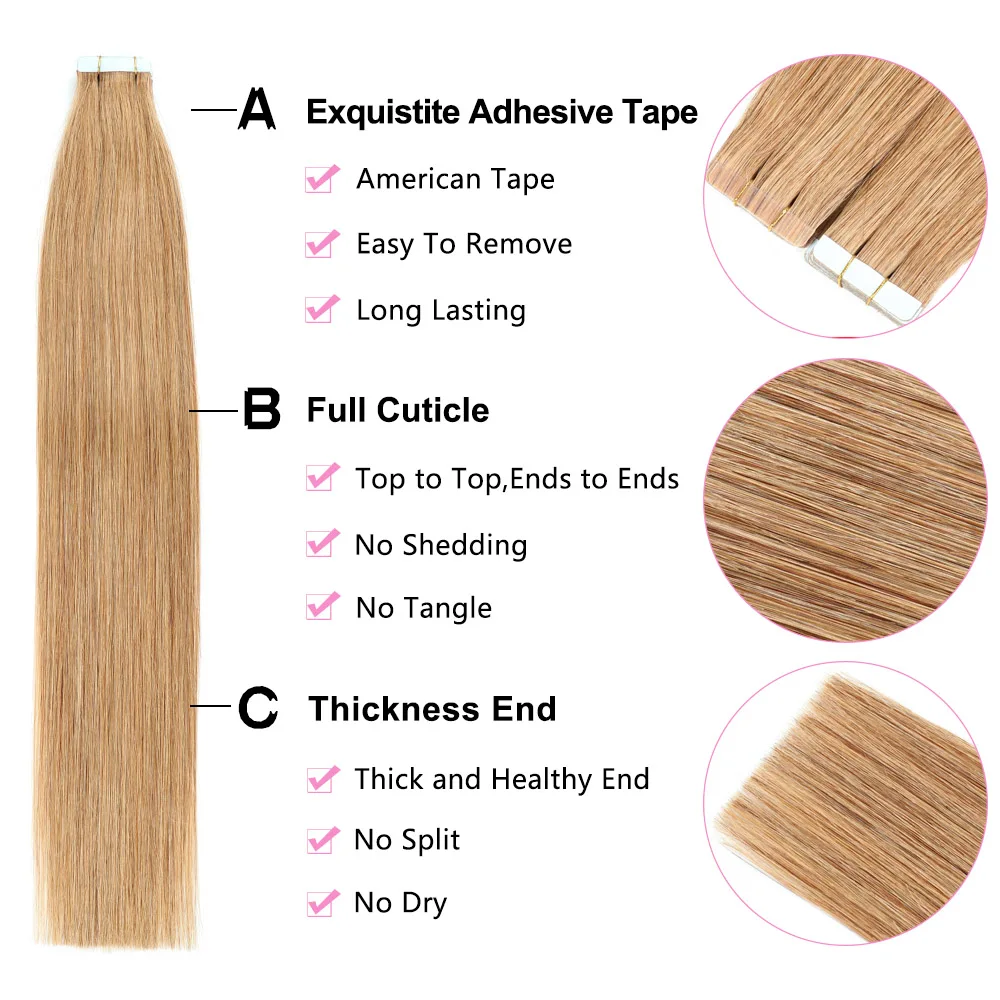 Straight Tape in Hair Extensions Human Hair Honey Blonde #27 Seamless Tape in Hair Extension Invisible Hair Extensions for Women