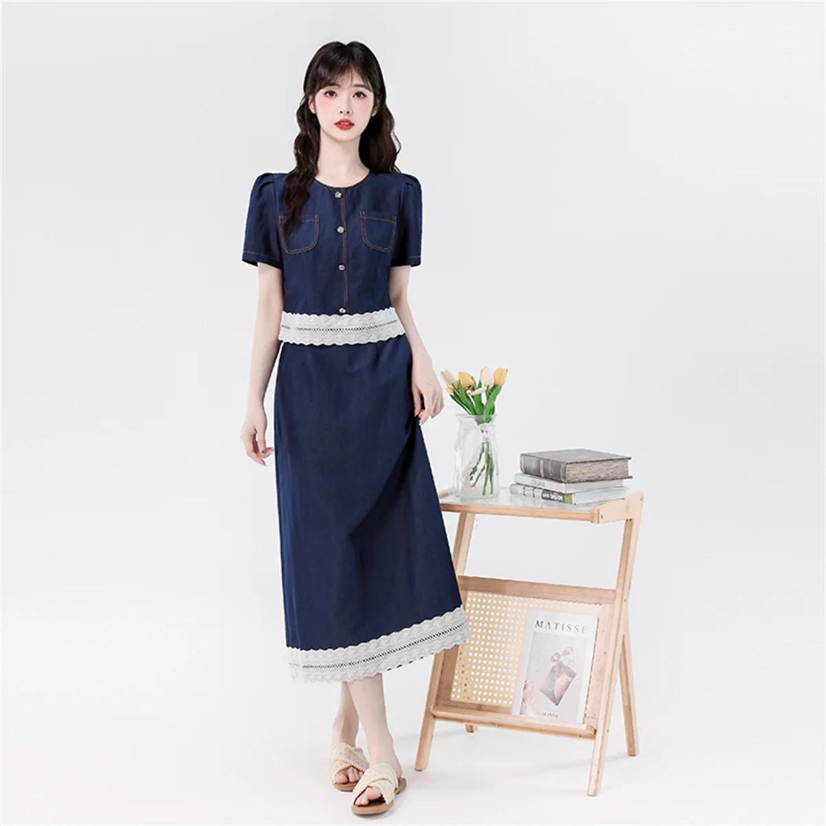 

Elegant Tencel Denim Two Piece Skirt Outfits Women Summer Small Fragrant Wind Lace Splice Short Jacket Long Skirt Sets Female
