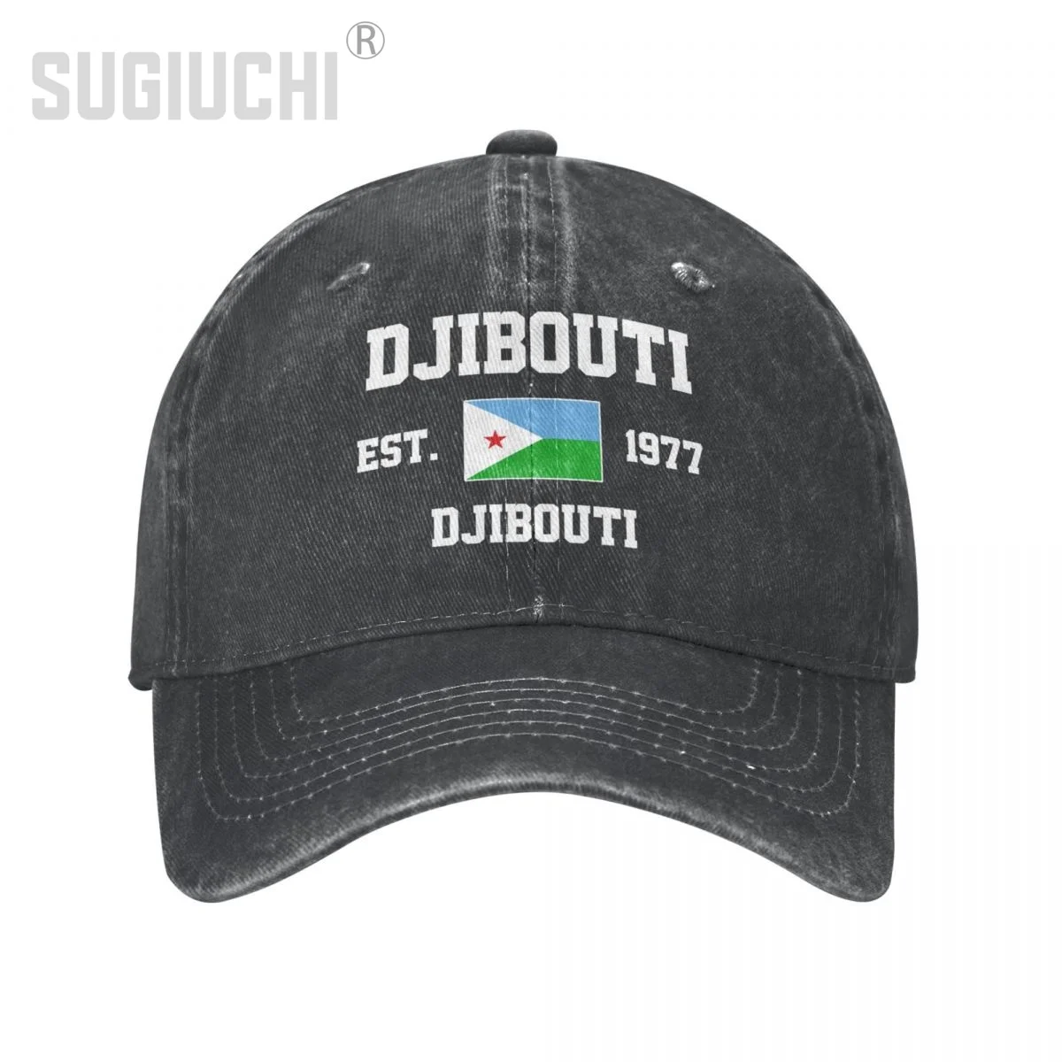 Flag of Djibouti EST.1977 Djibouti Unisex Adult Charcoal Washed Denim Baseball Cap Men Vintage Cotton Dad Patriotic Trucker Hat