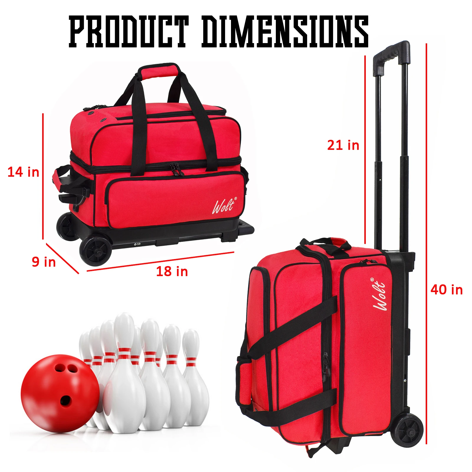 WOLT-Bolsa de bolos de 2 bolas de doble rodillo con compartimento para zapatos separado, bolsa de bolas de bolos de gran capacidad con bolsillo para