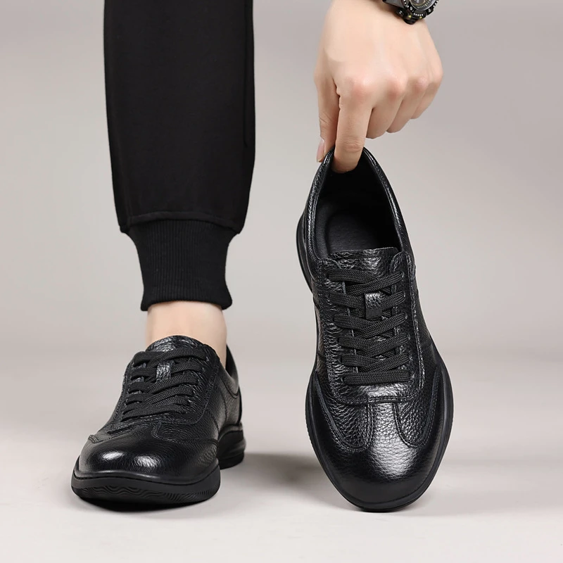 

Mens All Black Genuine Leather Casual Sneakers Low Top Lace Up Comfortable Shoes For Business Daily Street Style Fashion Simple