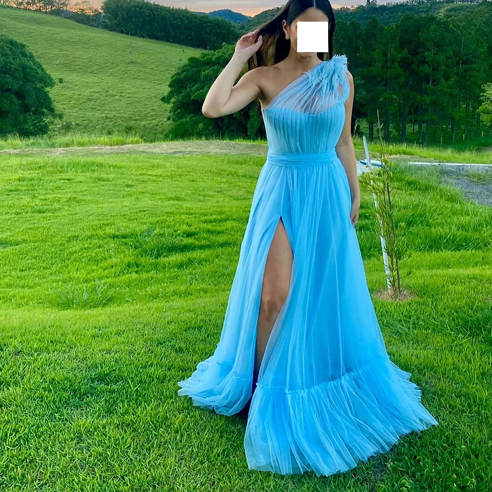 

CustomizedElegant Party Dresses Woman 2024 One Shoulder Sleeveless Side Silt Tulle Feaathers Solid Color Sweep Train Bespoke Occ