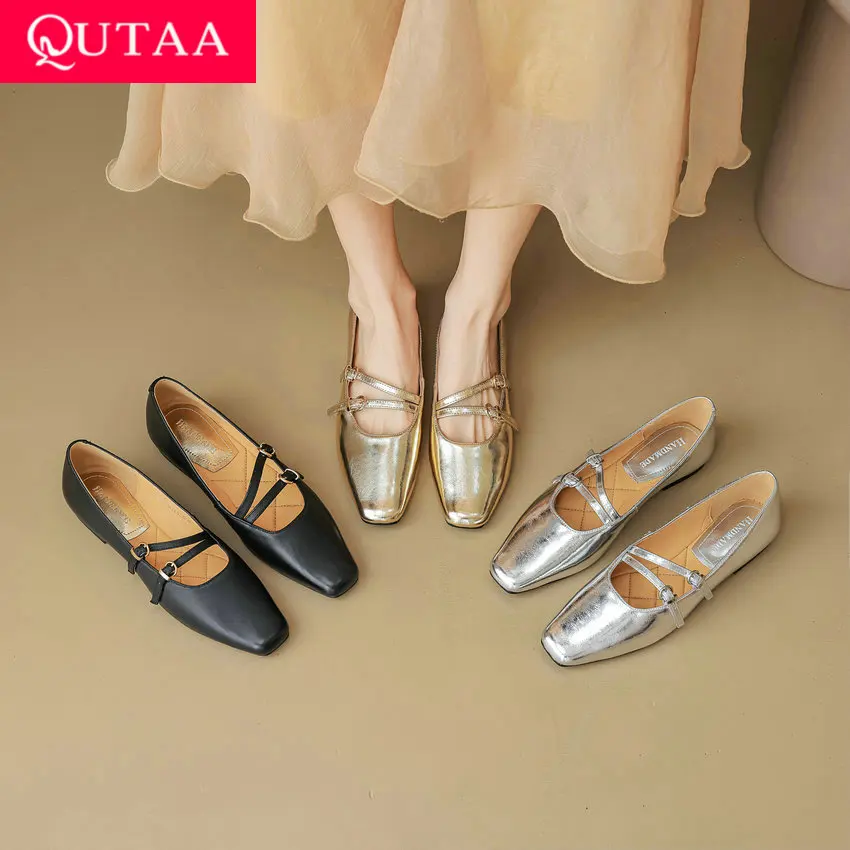 QUTAA 2024 Women Flats Heel Fashion Buckle Strap Shoes Woman Split Leather Square Toe Mary Janes Flats Spring Summer  Size 34-42