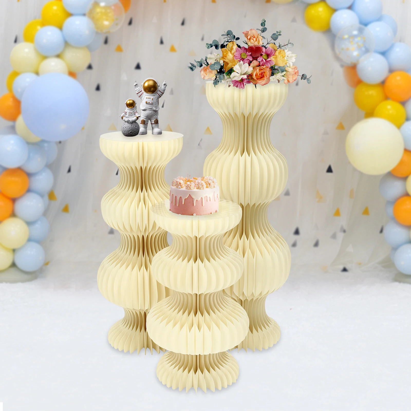 3PCS Curve-shaped Pedestal Stands for Parties Curve-shaped Cylinder Stands Cardboard Vases Foldable Display Paper