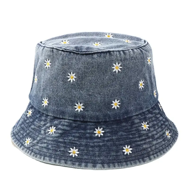 2023 Spring Denim Cartoon Flower Embroidery Bucket Hat Fisherman Hat Outdoor Travel Sun Cap For Girl And Women 158