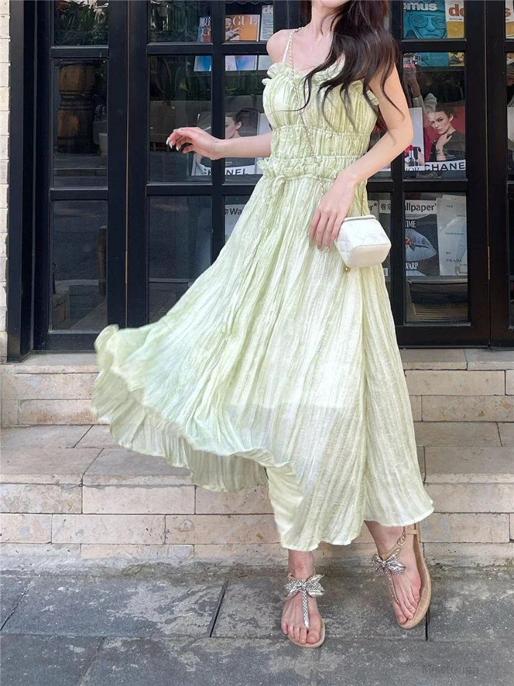 

Holiday Style Casual Strap Dress Sweet Woman Ruffle Elegant Party Midi Dress Mori Girl Pastoral Style Loose Summer Long Dress