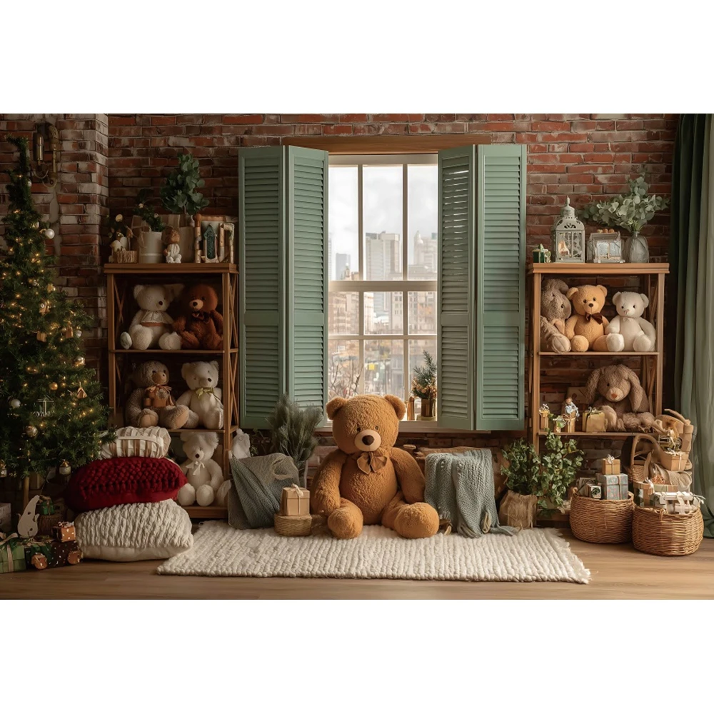 عيد الميلاد التصوير خلفية عيد الميلاد متجر نافذة خشبية دمية دب الاطفال الأسرة صور التصوير خلفية ديكور الحفلات الدعائم