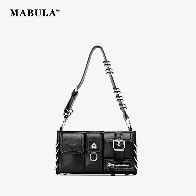 MABULA Multi-Pocket Underarm Tote Handbag Solid Black Y2K Cool Girl Metal Ring Phone Purse Women\'s Fashion Vintage Shoulder Bag