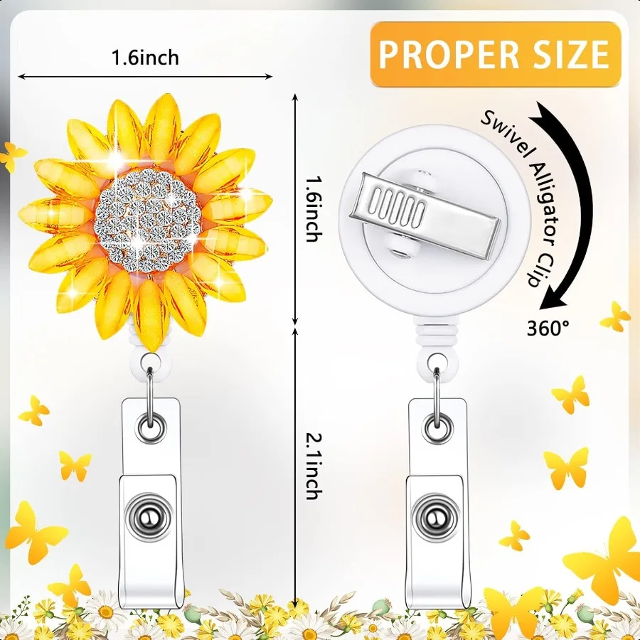 6 Pieces  Badge Reels Retractable Rhinestone Butterfly Badge Holders with Alligator Clip Bling Sunflower Bee ID Name Card Holde