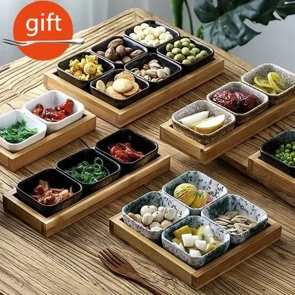 Creative Ceramic Bamboo Cover Dry Fruit Dessert Tray Home Multi Grid Snack Plate For Candy Fruit Dessert 2021 New