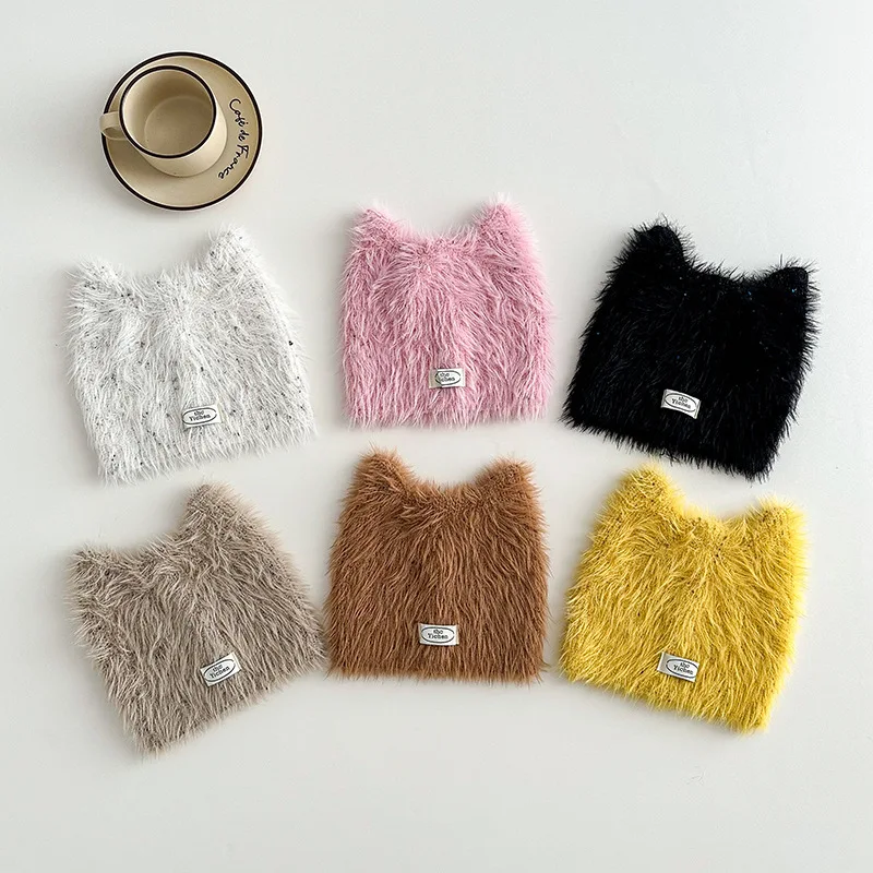 

Cute Cat Ears Kids Pullover Cap Korean Girl Fluffy Plush Knit Hat 2-5year Baby Winter Warm Beanie Children Ear Protection Bonnet