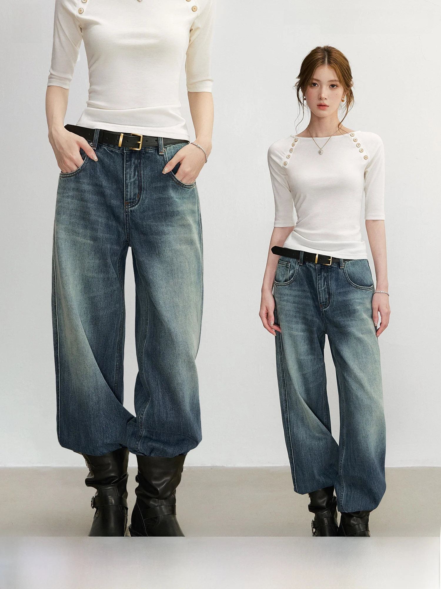 QDQD Vintage Washed Wide Leg Jeans High Waist Slimming Loose Fit Straight Cut Long Pants Pure Cotton Ladies Fashion