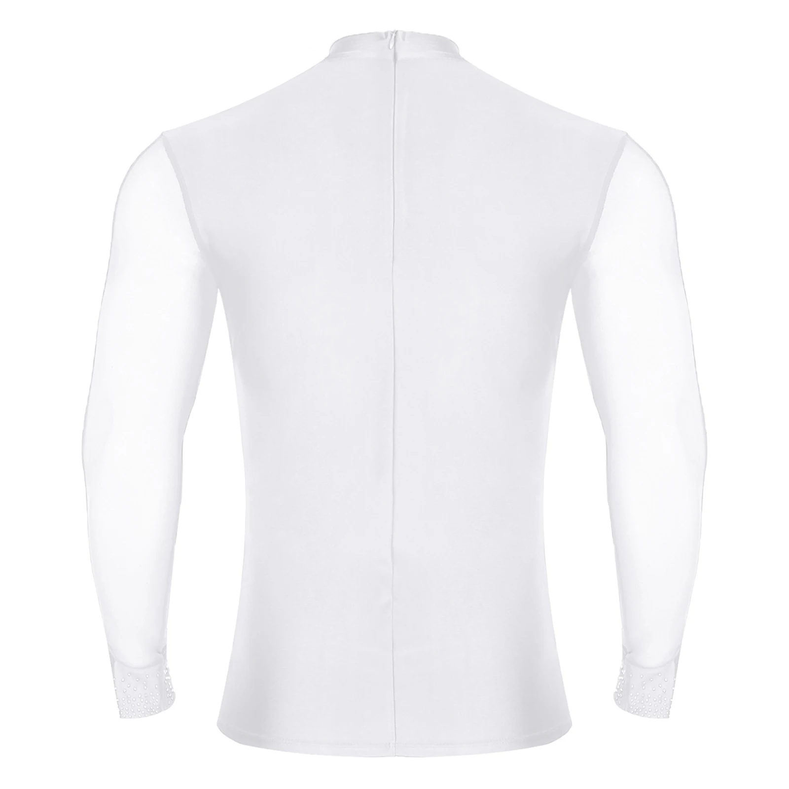 남성용 반짝이는 라틴 댄스 셔츠 시스루 메쉬 긴팔 티셔츠 블라우스 (볼룸, 삼바, 탱고, 차차 무대 공연용)