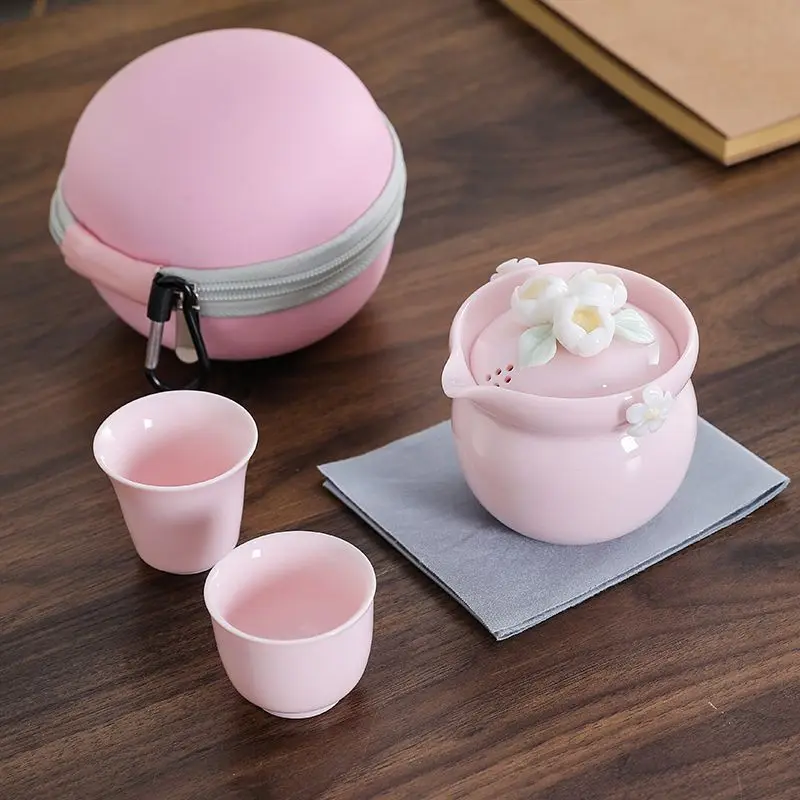 Handmade Pink Flower Ceramic Travel Tea Set One Teapot Two Cups Portable Tea Set Gift Box For Home Office