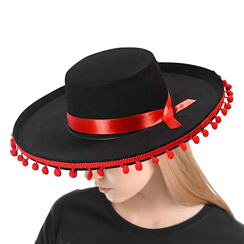 Sombrero mexicano de fieltro para adultos, sombreros de fiesta, ala ancha, disfraz de Cosplay con pompones, accesorios de traje español para hombres