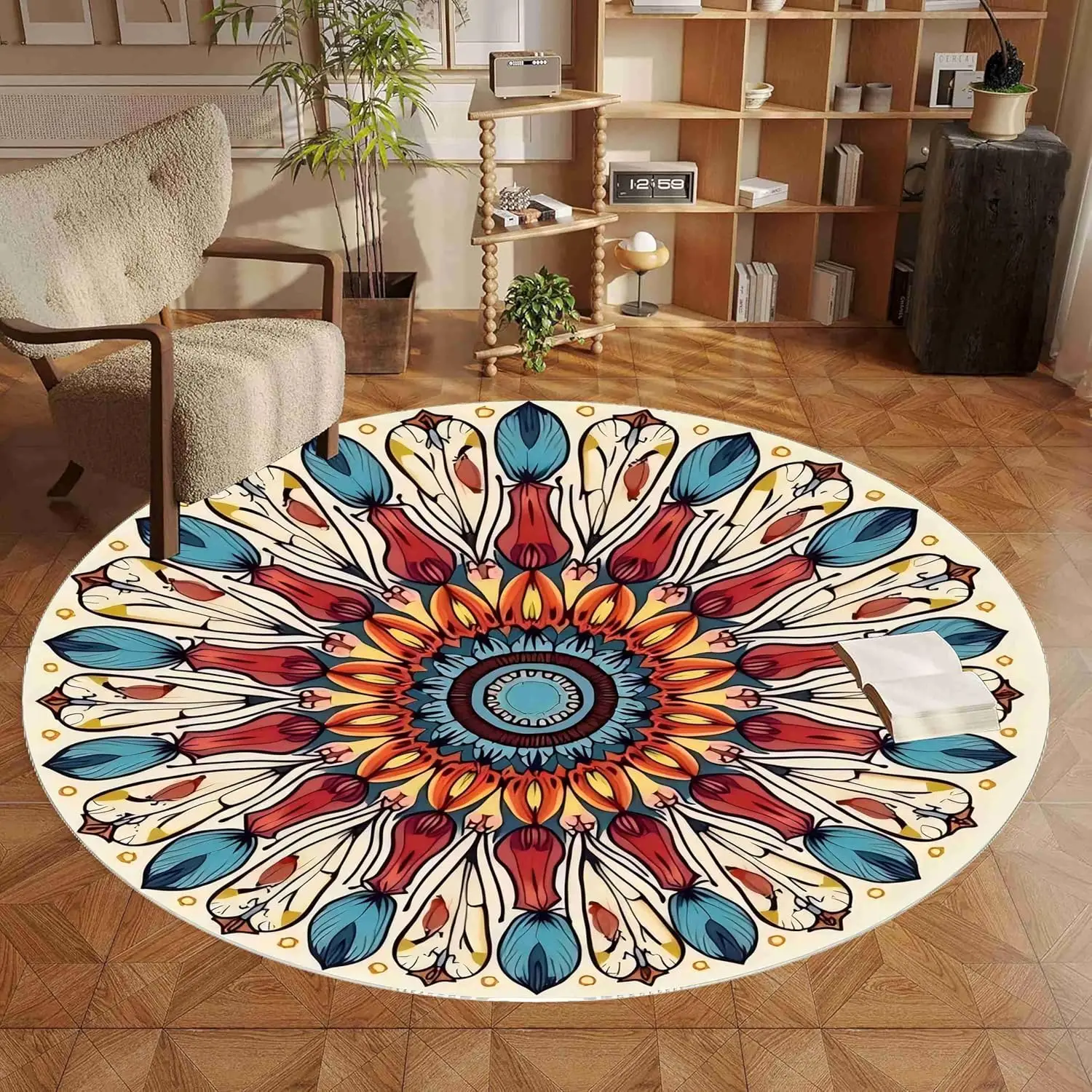 Boho Mandala Round Rug Ethnic Kaleidoscope Geometry Area Carpet Vintage Sunflower Totem Pattern Living Room Floor Adornment