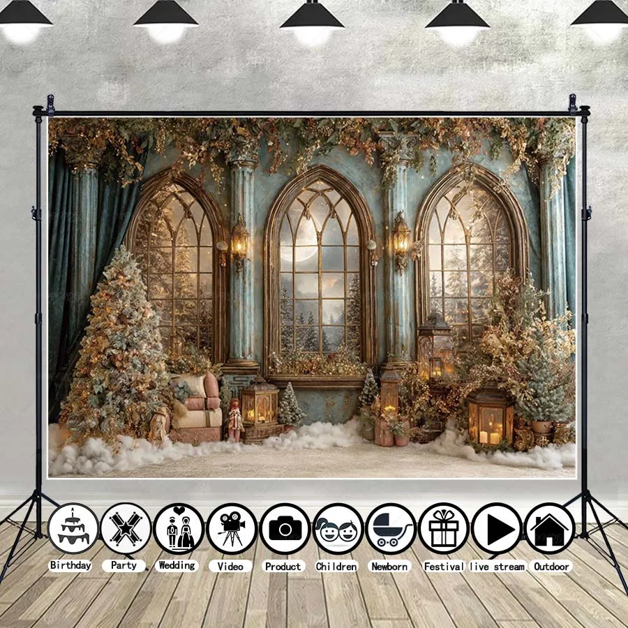 

MOON.QG Vintage Windows Background Xmas Trees Christmas Candle Backdrops For Photography Party Poster Shooting Props Studio Kids