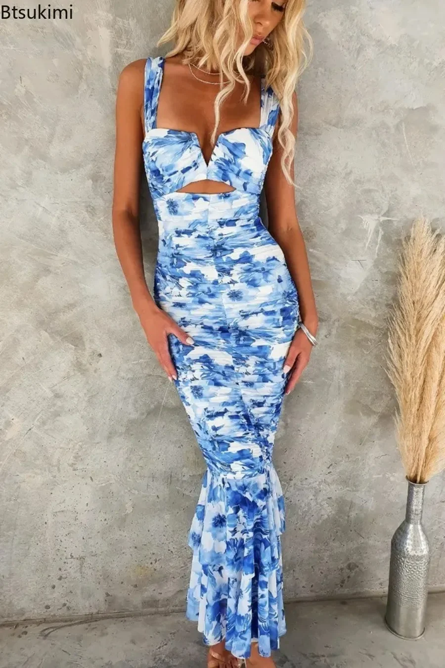 

New 2024 Women's Summer Print Casual Beach Dress Strap Holiday Zipper Slim Dress Female Maxi Long Dress Elegant Vestido Feminino